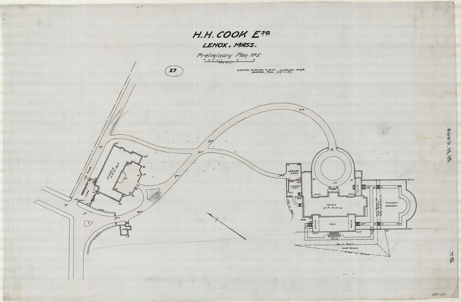 Plan 27, 11 June 1893. Preliminary Plan No. 5 — stable, lodge, house, service and laundry yards, flower garden.