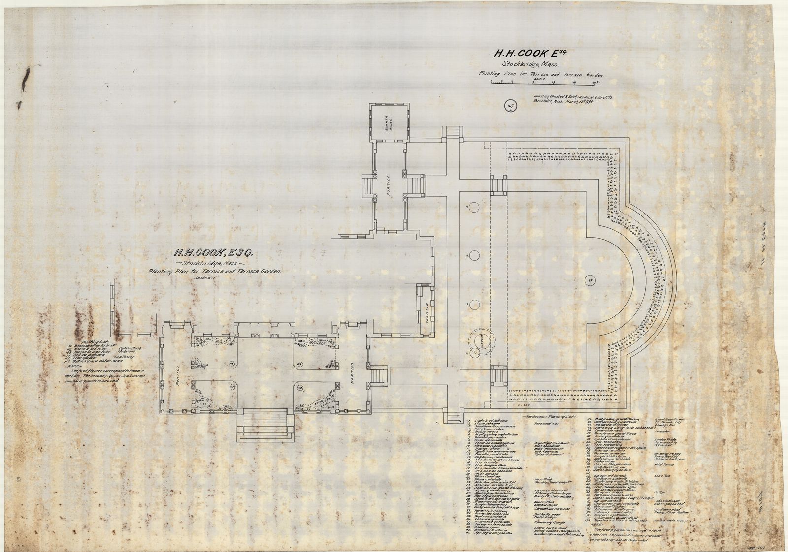 Plan 107, 12 March 1894. Planting plan for the terrace and terrace garden, with the herbaceous list of 78 perennials.