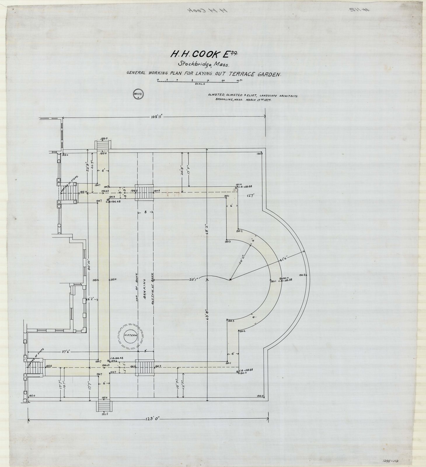 Plan 112, 19 March 1894. “General Working Plan for Laying Out Terrace Garden,” at an inch to eight feet, with the paths in color.