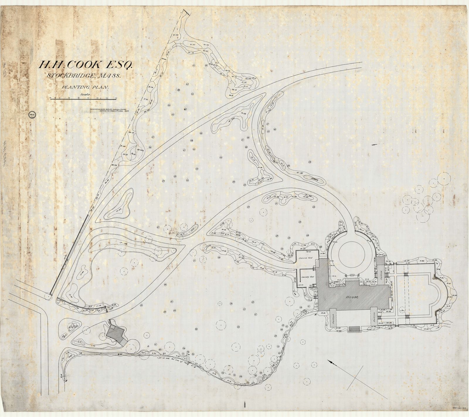 Plan 121, sheet 1, 11 October 1894. Planting plan for the house grounds at an inch to twenty feet, with the gate lodge.