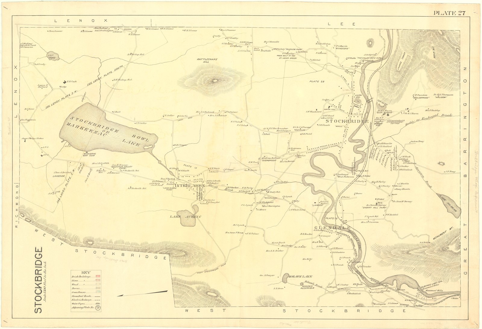 Plan 1, 20 October 1913. “MAP OF STOCKBRIDGE, MA/ GLENDALE & VICINITY/ PLATE 27/ ; SCALE 1"= 1500'.” Sheet 21¾ by 31½ inches. Inventory note: “Brought by Blossom P/I/ Orig. Sent, Returned Later, P/I/ Key Map, orig/ Notes in graphite, locations of mountains on margin, recto/ ( Plate 27, Map of Stockbridge,” Atlas of Berkshire County, Massachusetts”, Barnes & Farnum, Pittsfield, 1904.)”