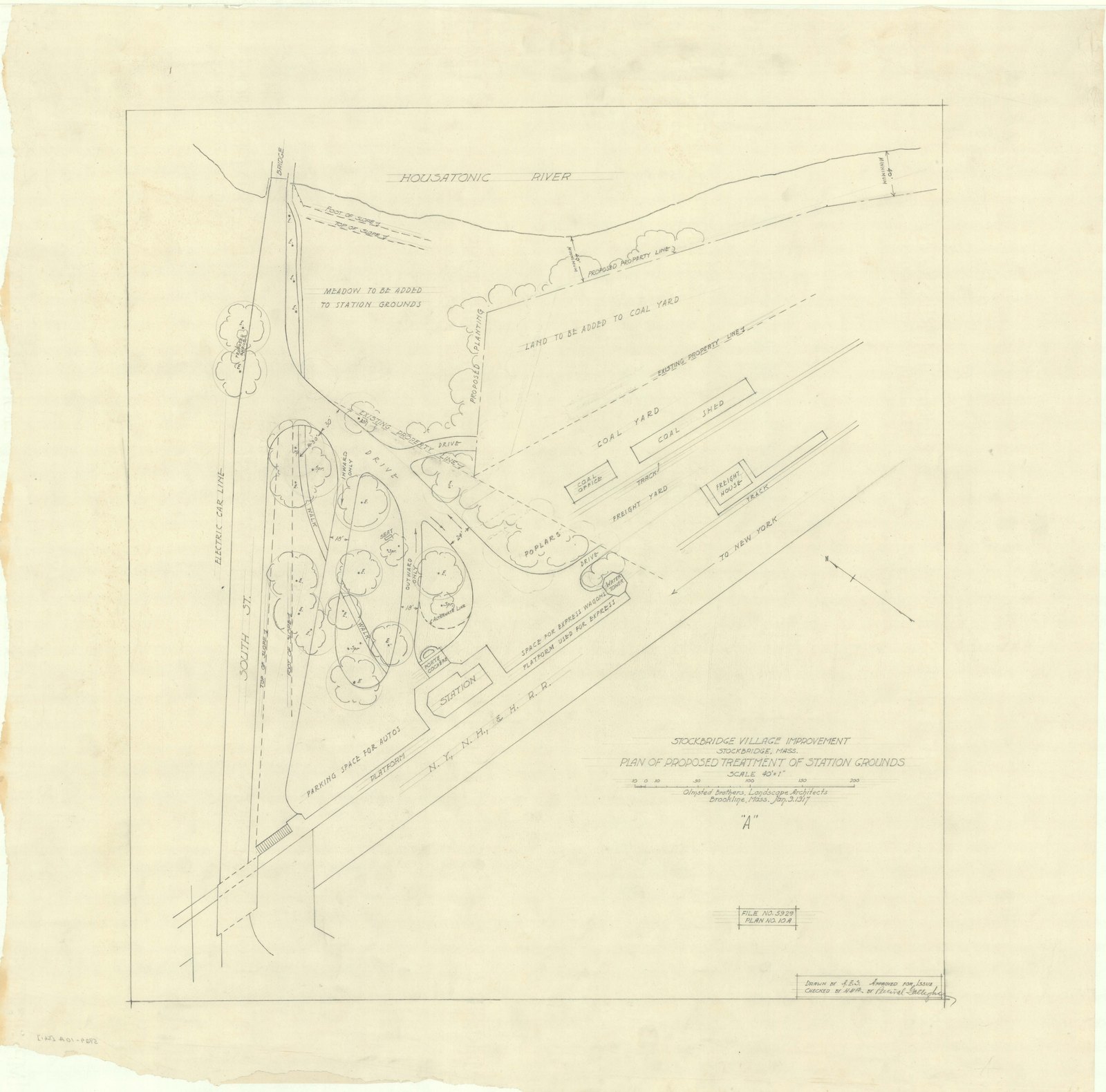 Plan 10A, sheet 1, 9 January 1917. “STOCKBRIDGE VILLAGE IMPROVEMENTS/ STOCKBRIDGE, MA/PLAN OF PROPOSED TREATMENT OF STATION GROUNDS/ ; SCALE 1"= 40'.” Sheet 26¾ inches square. Inventory note: “OBLA, recto/ Scheme A, recto/ Approved by Percival Gallagher, recto/ B Revised 29-Jan-1917 and preferred. P/I/”