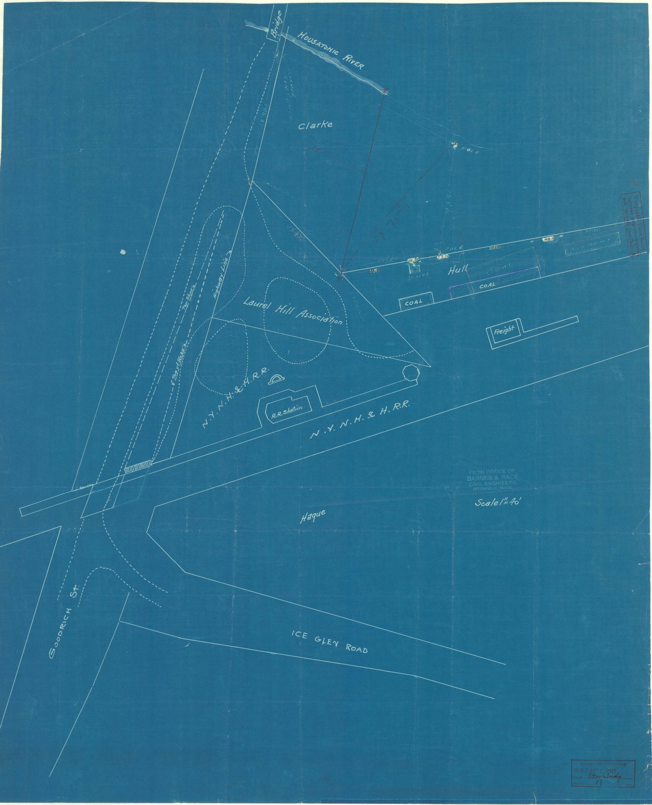 Plan 11, 24 January 1917. “LAURAL HILL ASSOCIATION/ STOCKBRIDGE, MA/ ; SCALE 1"= 40'.” Sheet 28½ by 23½ inches. Inventory note: “Additional Information of Coal Sheds, etc. P/I/ Proposed line A, recto/ Proposed Store House, not over 30' above ground and 400' from Park A, note recto/ From Office of Barnes & Race, Civil Engineers, Pittsfield, Mass. orig/ Brought by Blossom, P/I/”