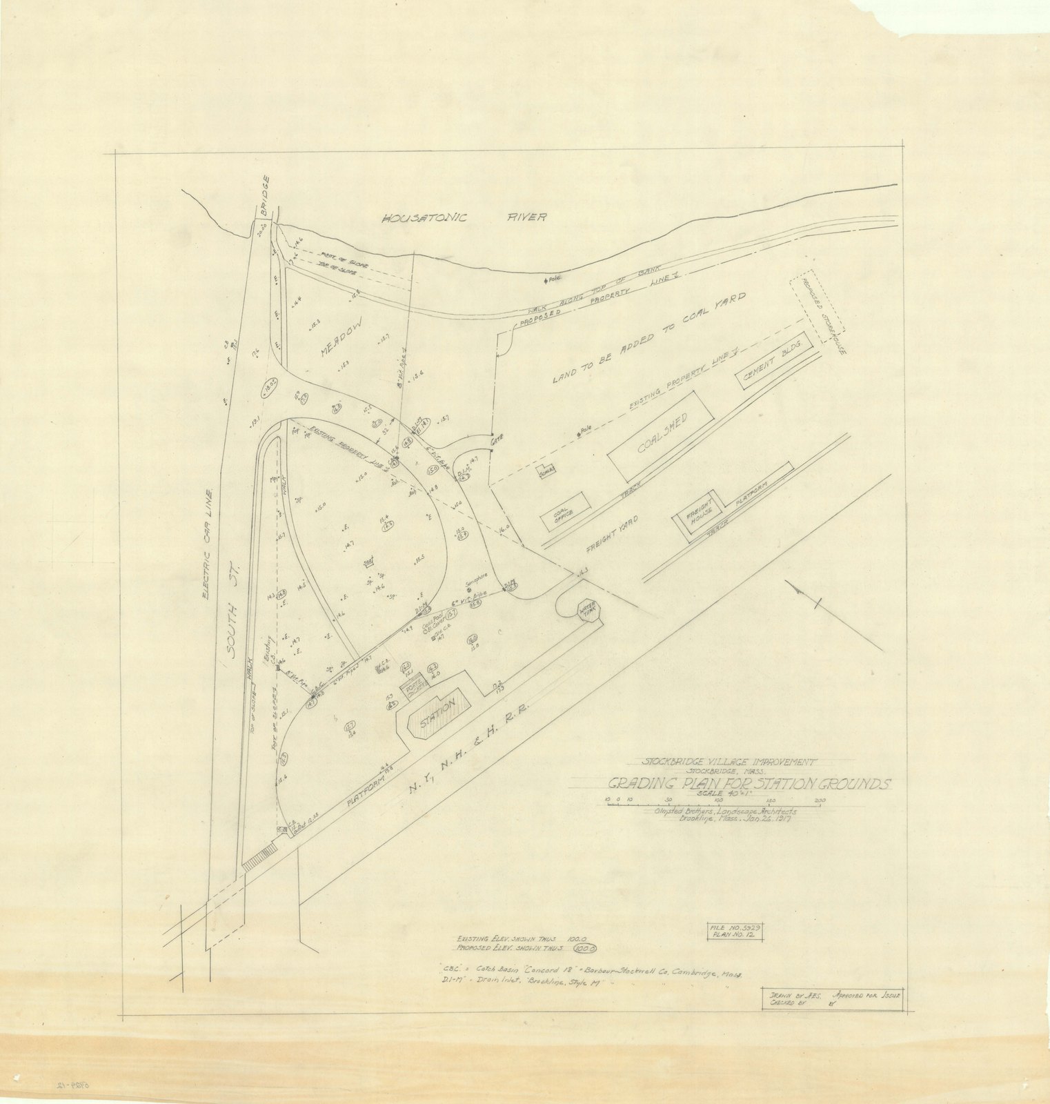 Plan 12, 26 January 1917. “STOCKBRIDGE VILLAGE IMPROVEMENTS/ STOCKBRIDGE, MA/ GRADING PLAN FOR STATION GROUNDS/ SCALE 1"= 40'.” Sheet 28 by 26¾ inches. Inventory note: “OBLA, recto/ Existing and proposed elevations recto/ CBC, Catch Basins, Concord # 18, DI-M, Drain inlets, Brookline style M, recto / (Close to present existing conditions. JNP)/”
