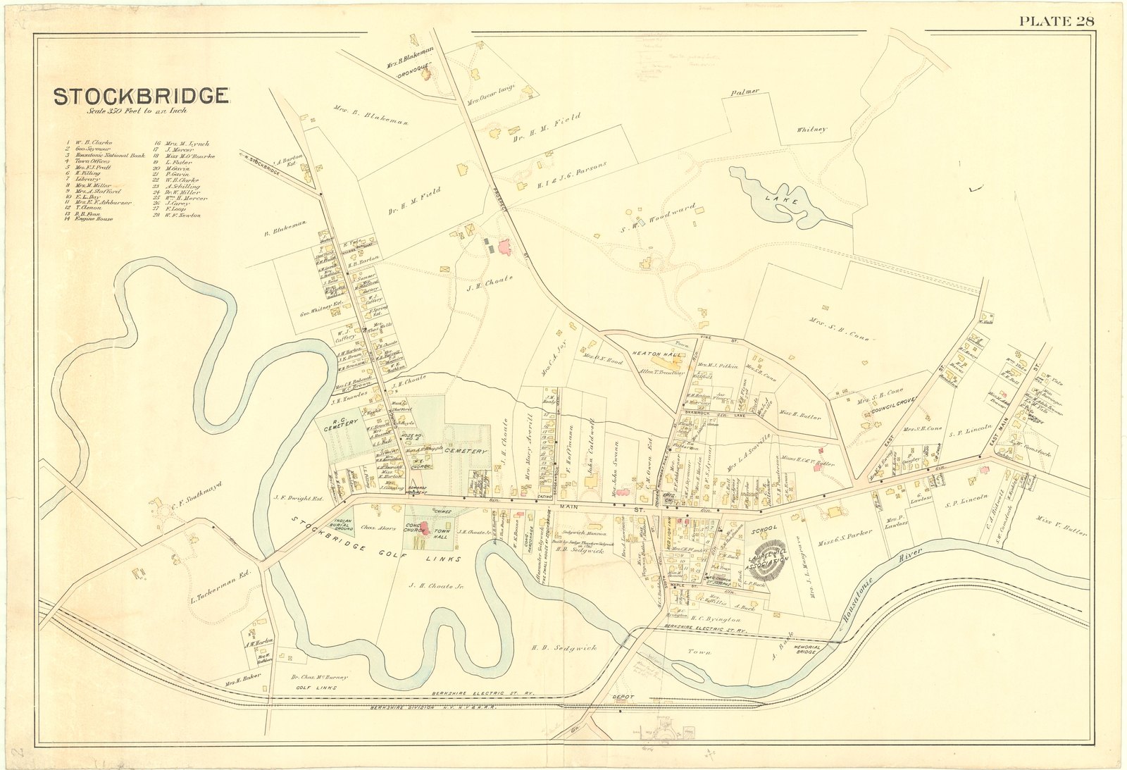 Plan 2, 20 October 1913. “MAP OF STOCKBRIDGE/ PLATE 28/ ; SCALE 1"= 350'.” Sheet 21¾ by 31¼ inches. Inventory note: “OB. verso/ Brought by Blossom P/I/ Original Sent, Returned, later P/I/ Willows and New land of Laural Hill Association, recto/ (Sketch, Church, Store & Elm with notes, recto/ (Sketch of Main Street just West of South St. with notes recto)/”