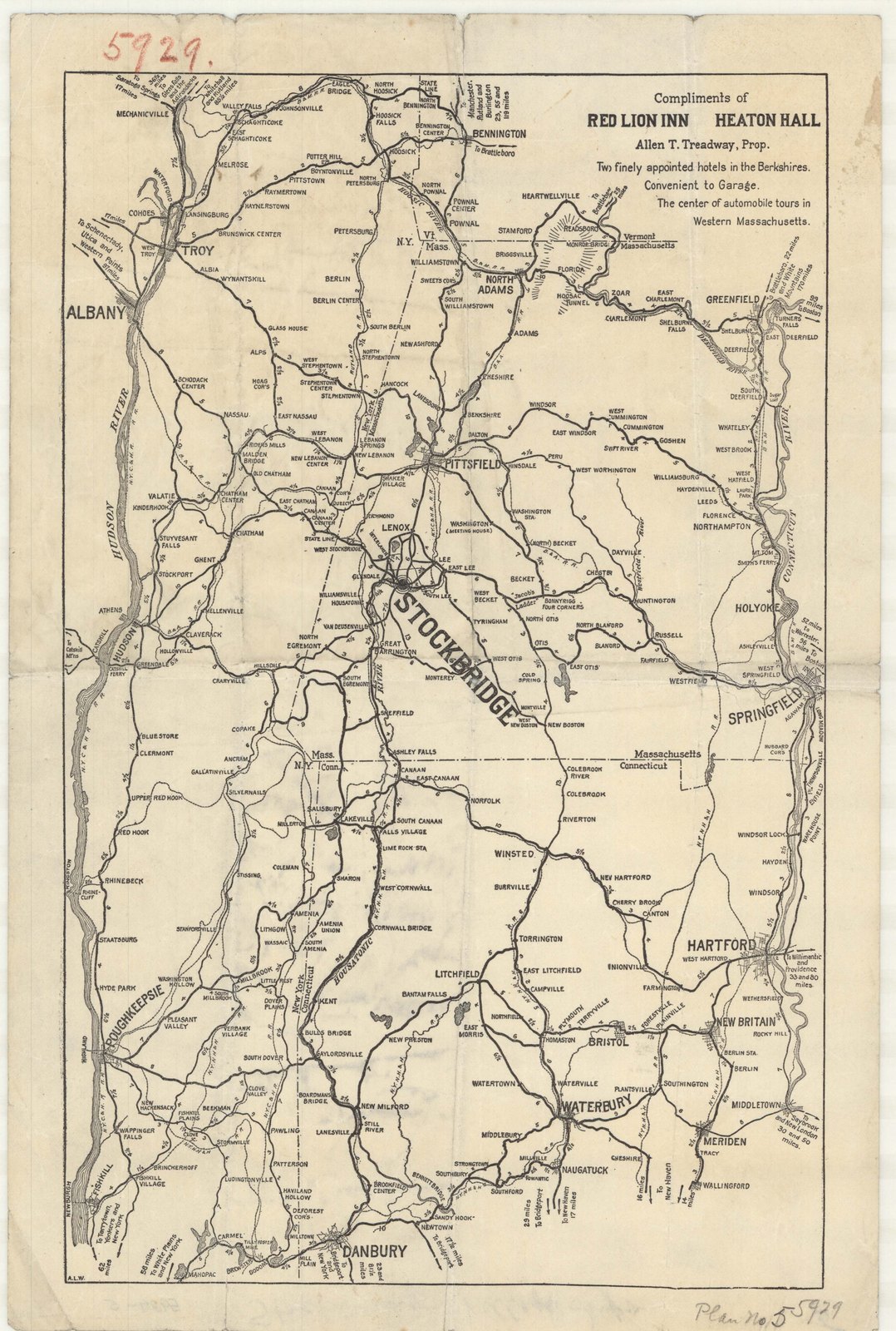 Plan 5 of job 05929: the hotel’s road map, kept as a survey sheet. “Compliments of RED LION INN — HEATON HALL, Allen T. Treadway, Prop.” The office wrote its own job number on it twice — 5929 in red pencil at the head, and “Plan No. 5 5929” in ink at the foot.