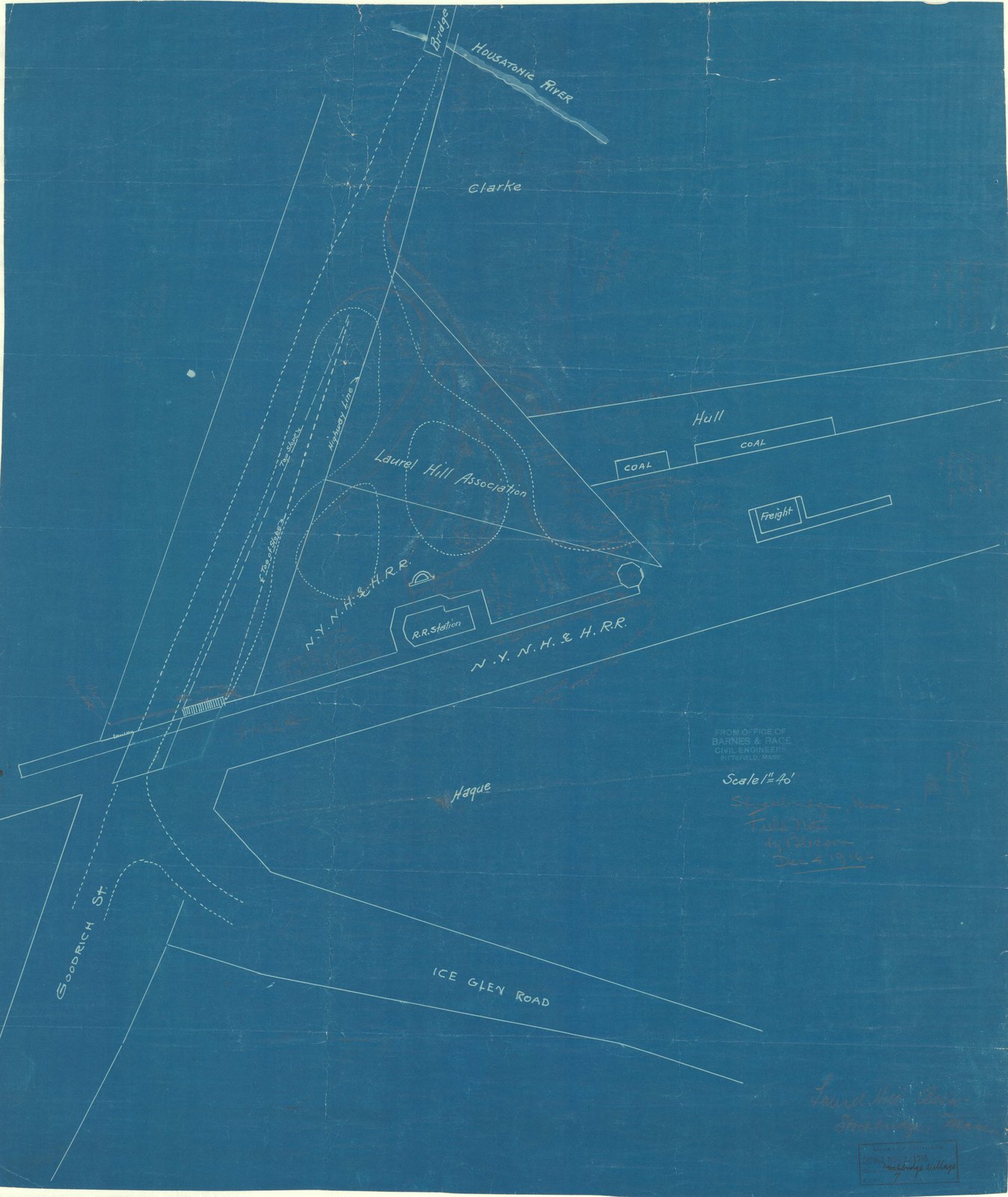 Plan 7, 20 November 1915. “LAURAL HILL ASSOCIATION/ STOCKBRIDGE, MA/ INCORRECT OUTLINE OF NEW PROPERTY/ NEAR RAILROAD STATION/ ; SCALE 1"= 40'.” Sheet 27¼ by 23½ inches. Inventory note: “Brought by Blossom P/I/ See # 8 for copy, P/I/ Field Notes by Blossom, 04-Dec-1916, recto/ From Office of Barnes & Race, Civil Engineers, Pittsfield, Mass. orig/ Note, Mr. Hoffman, Tel. Office Murray Hill 2013, House Lenox, Tel 6171, Mrs. Alexander Sedgwick”