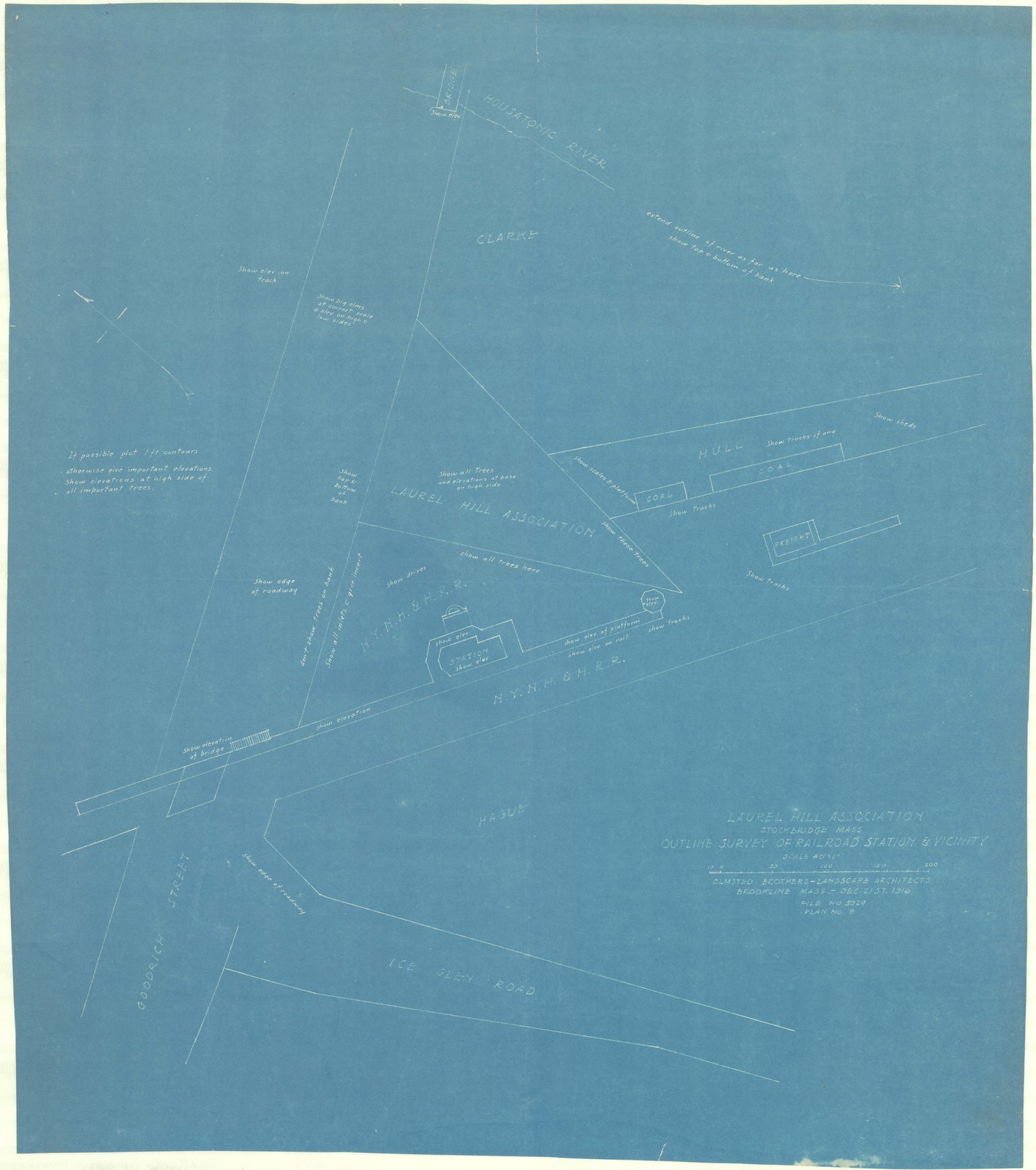Plan 8, part 1, 21 December 1916. The same title, on a sheet 27¾ by 24¾ inches. Inventory note: “OBLA, orig/ Copy of # 7 P/I/ ( Notes about detail & elevations for Surveyors. recto)/ OB. st. verso/”