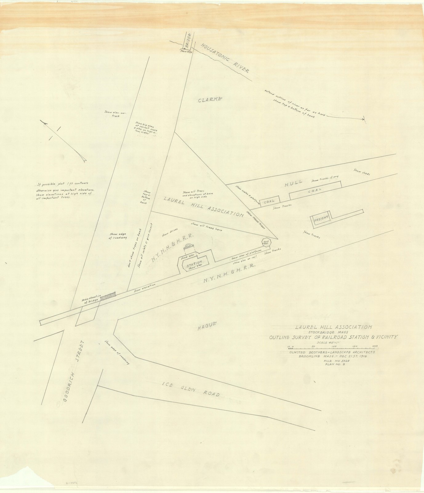 Plan 8, 21 December 1916. “LAURAL HILL ASSOCIATION/ STOCKBRIDGE, MA/ OUTLINE PLAN OF RAILROAD STATION & VICINITY/ ; SCALE 1"= 40'.” Sheet 30 by 26¼ inches. Inventory note: “OBLA, orig/ Copy of # 7 P/I/ ( Notes about detail & elevations for Surveyors. recto)/”