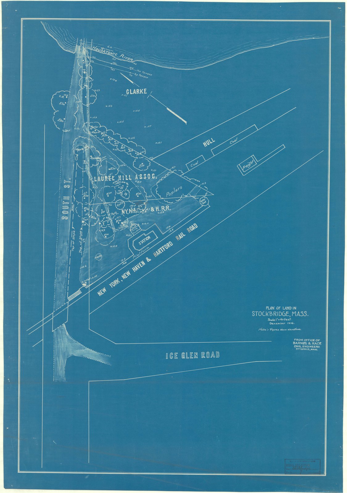 Plan 9, part 1, 28 December 1916. “PLAN OF LAND IN/ STOCKBRIDGE, MA/ ; SCALE 1" = 40'.” Sheet 31½ by 22 inches. Survey by Barnes & Race of Pittsfield; received from Hoffman, Boston; brought by H.H. Blossom.