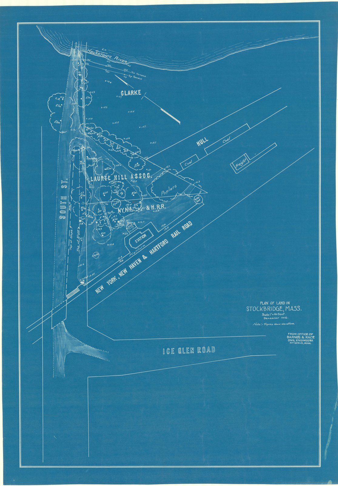 Plan 9, part 3, 28 November 1916. “PLAN OF LAND IN/ STOCKBRIDGE, MA/ ; SCALE 1" = 40'.” Sheet 31½ by 22¼ inches. Inventory note: “Topo at Depot, New Survey by Barnes & Race, P/I/ From Office of Barnes & Race, Civil Engineers, Pittsfield, Mass. orig/ Note: Figures show elevations. orig/ Rec'd from Hoffman, Boston, P/I/ Brought by H.H. Blossom P/I/ (Trees & Elevations.)”