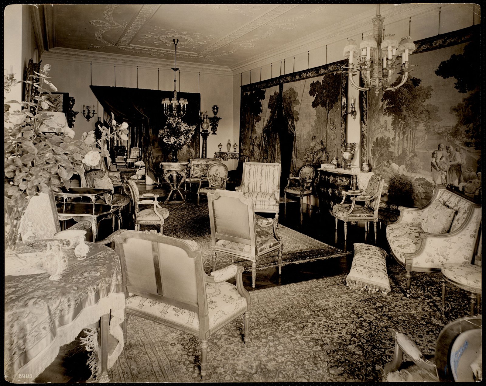 Wheatleigh: interior with tapestries and chairs. about 1900.