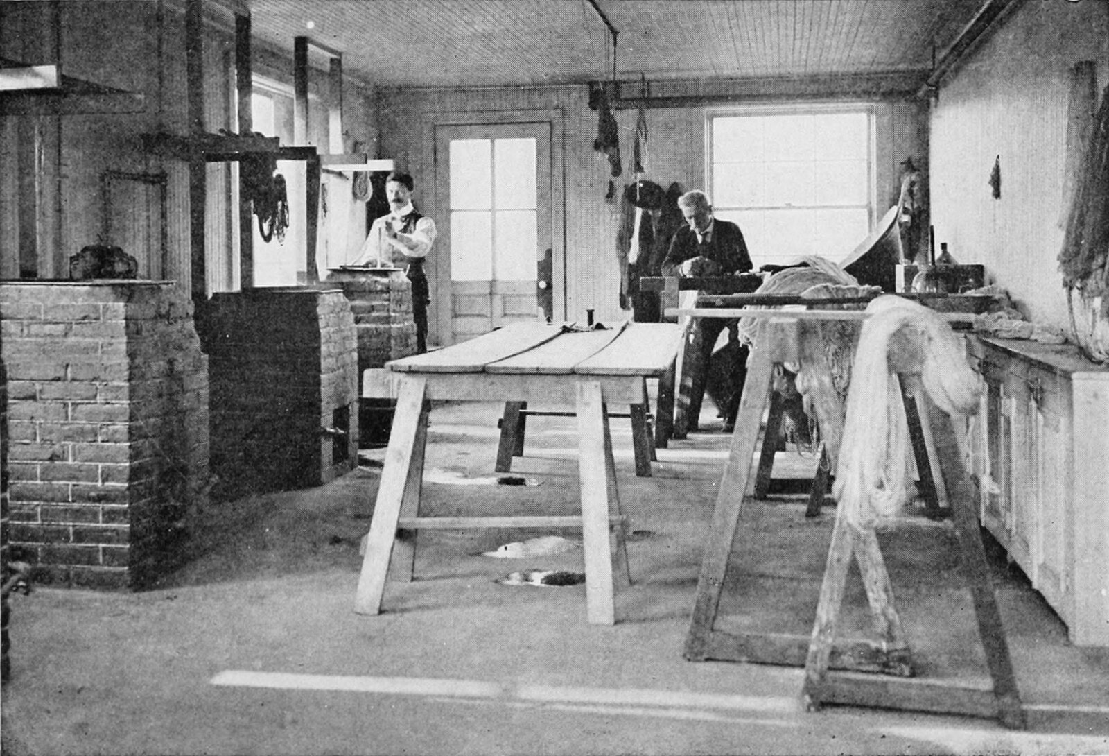 The dye room at Williamsbridge, and the materials used in it: madder, cochineal, blue vitriol, gall nuts, alum, tartar, indigo, orseille, bois jaune. The vats are on the left; the river is outside the door.