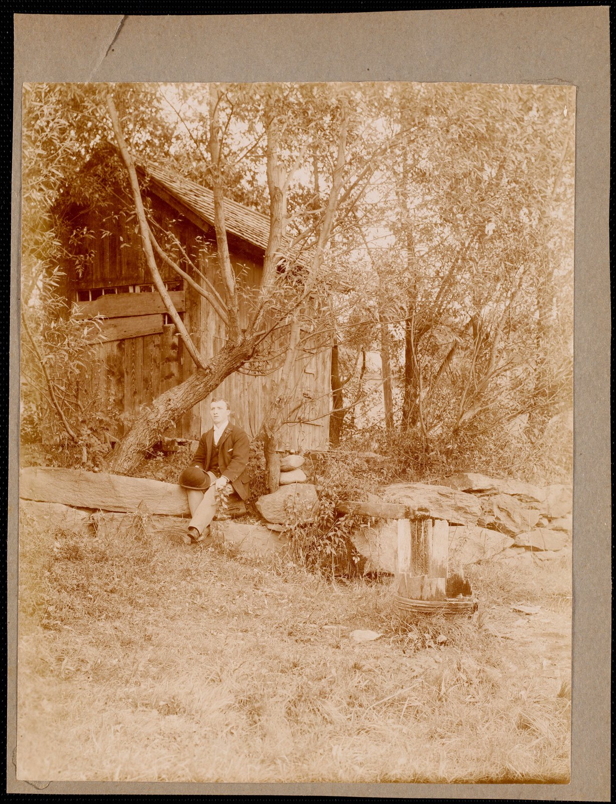 Ventfort Hall: man by shed. about 1893.