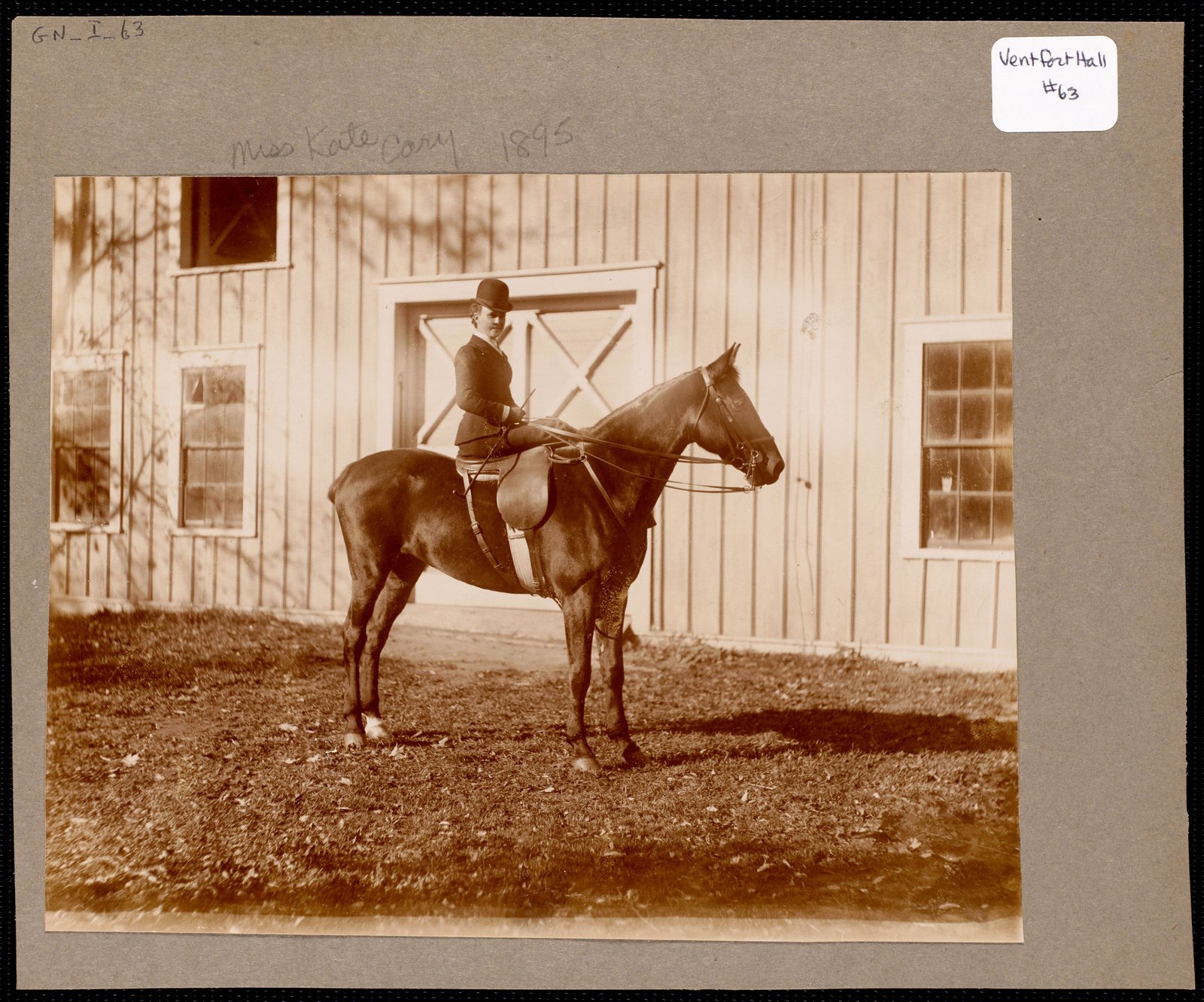 Miss Kate Cary on horse. 1895.
