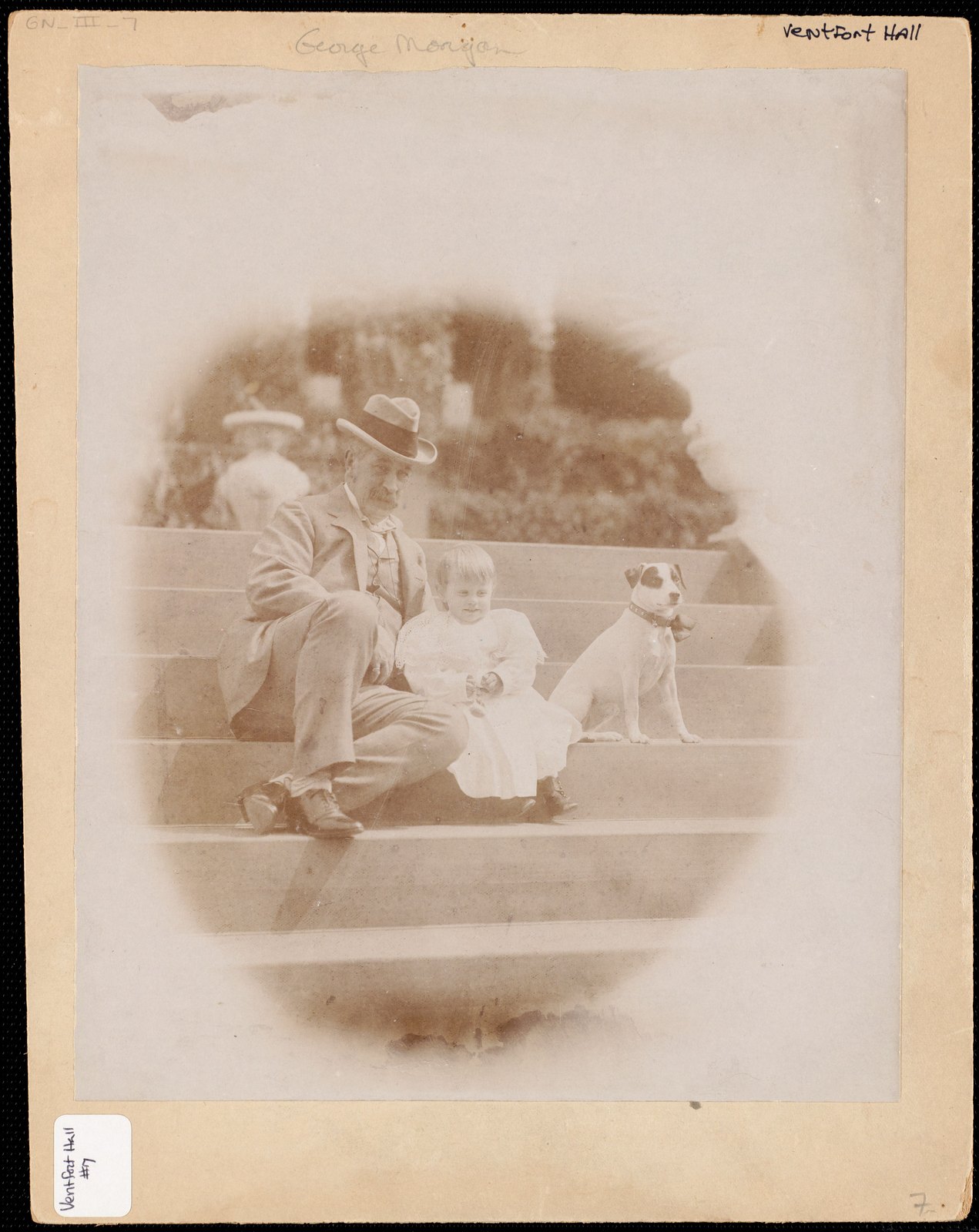 George Morgan & granddaughter Sarah & dog. about 1894–1897.