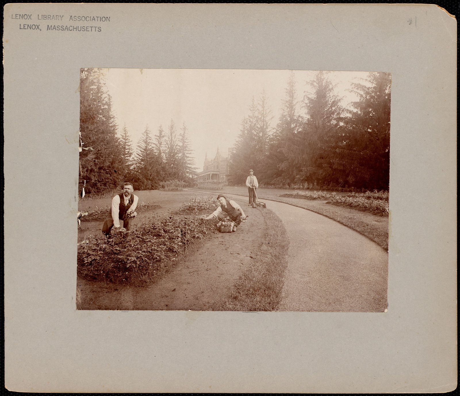 Ventfort Hall: men working on grounds. about 1893–1901.