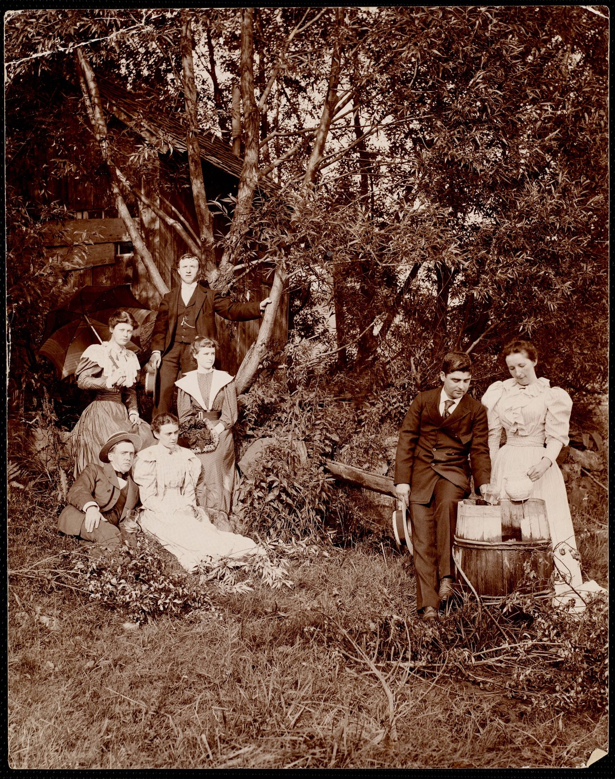 Ventfort Hall: group of young people by shed. about 1893.