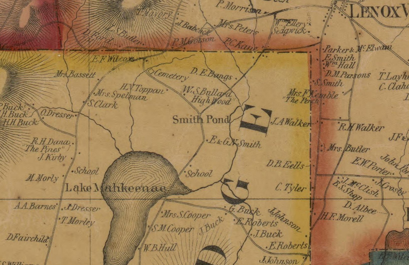 The northeast corner of Stockbridge in 1858, around Lake Mahkeenac: &ldquo;The Perch&rdquo; of Mrs. F. Kemble, W. S. Bullard&rsquo;s &ldquo;Highwood&rdquo;, R. H. Dana&rsquo;s &ldquo;The Pines&rdquo;, and Smith Pond.