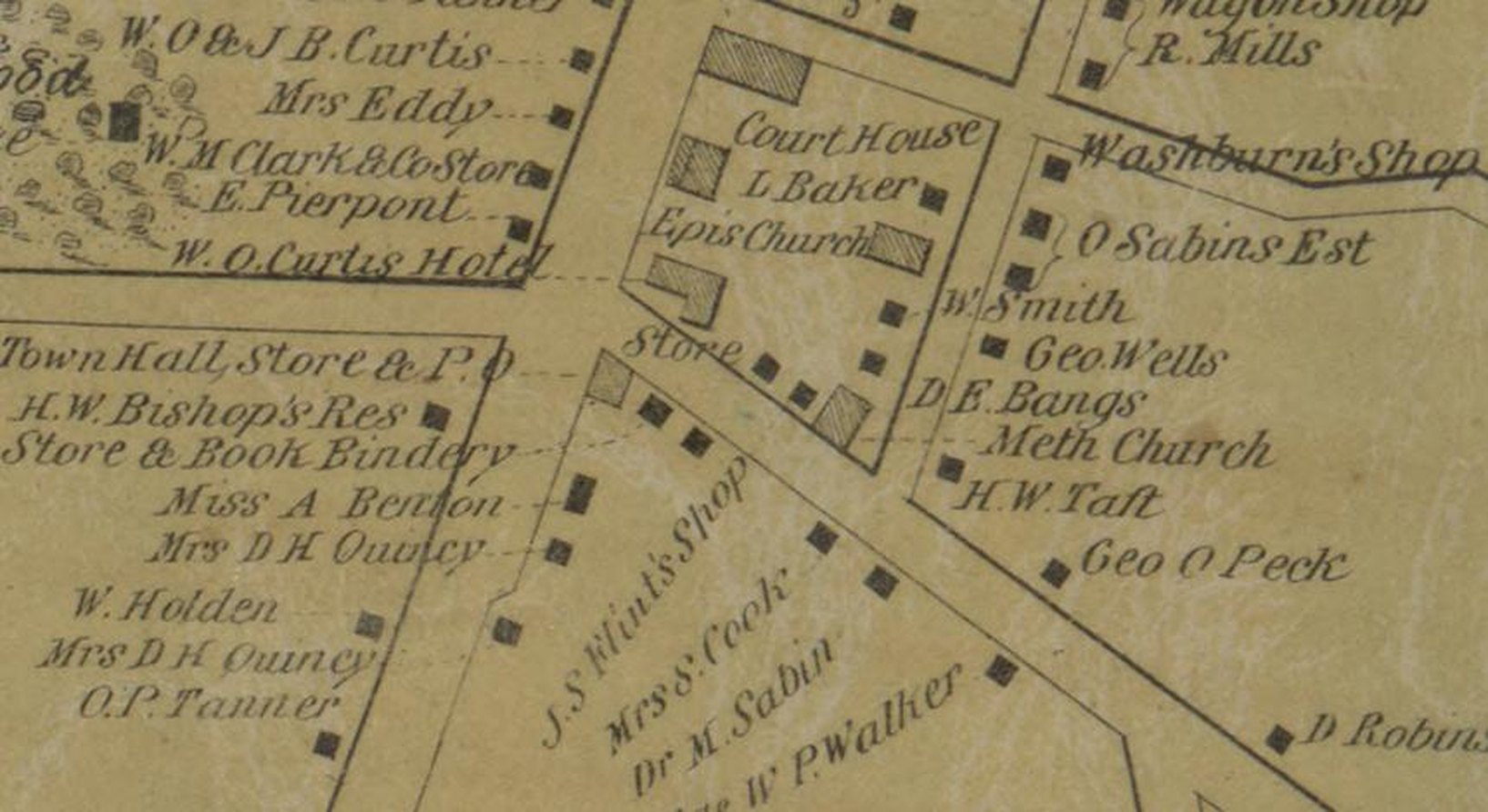 Lenox village in 1858: the Curtis Hotel on Main Street, beside the Court House and the Episcopal Church.