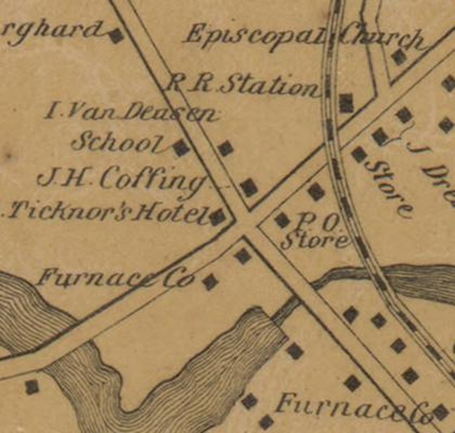 H. Ticknor&rsquo;s Hotel at Van Deusenville in Great Barrington, 1858 — a hotel in an iron village, between the Furnace Co and the railroad station.