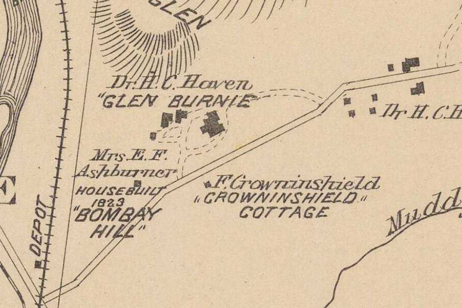 Plate 27, detail. Dr. H. C. Haven, and below it the estate name lettered "GLEN BURNIE — the plate sets it in two words, with its own opening quotation mark. The house and its outbuildings sit inside a looped carriage drive. ICE GLEN is lettered above; Mrs. E. F. Ashburner’s BOMBAY HILL, with HOUSE BUILT 1823 printed beside it, is below left; F. Crowninshield’s CROWNINSHIELD COTTAGE is across the road. At the right edge, a second Dr. H. C. H— holding with its own cluster of farm buildings.