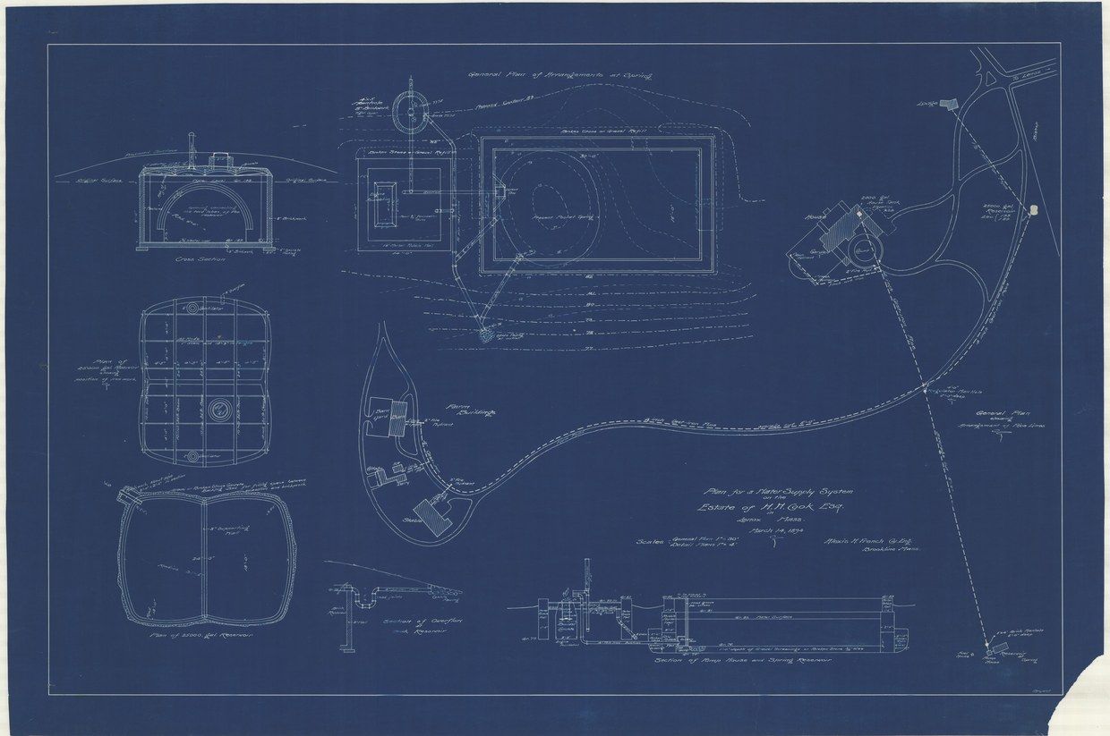 Plan 115. “Plan for a Water Supply System on the Estate of H.H. Cook, Esq.” The only blueprint in the job.