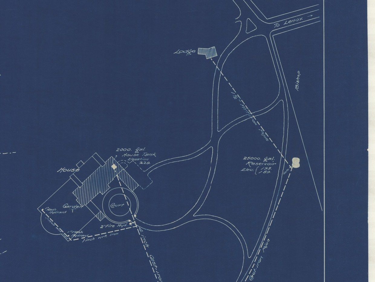 Plan 115, detail. The house with its 2,000-gallon tank; the Court; the Lodge, hatched, up on the road; and the 25,000-gallon reservoir out east — thirty feet lower.