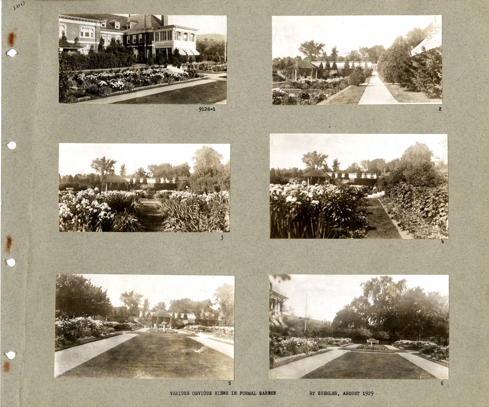 Album page 1, prints 1 to 6. The typed caption: “VARIOUS OBVIOUS VIEWS IN FORMAL GARDEN — BY KOEHLER, AUGUST 1929.”