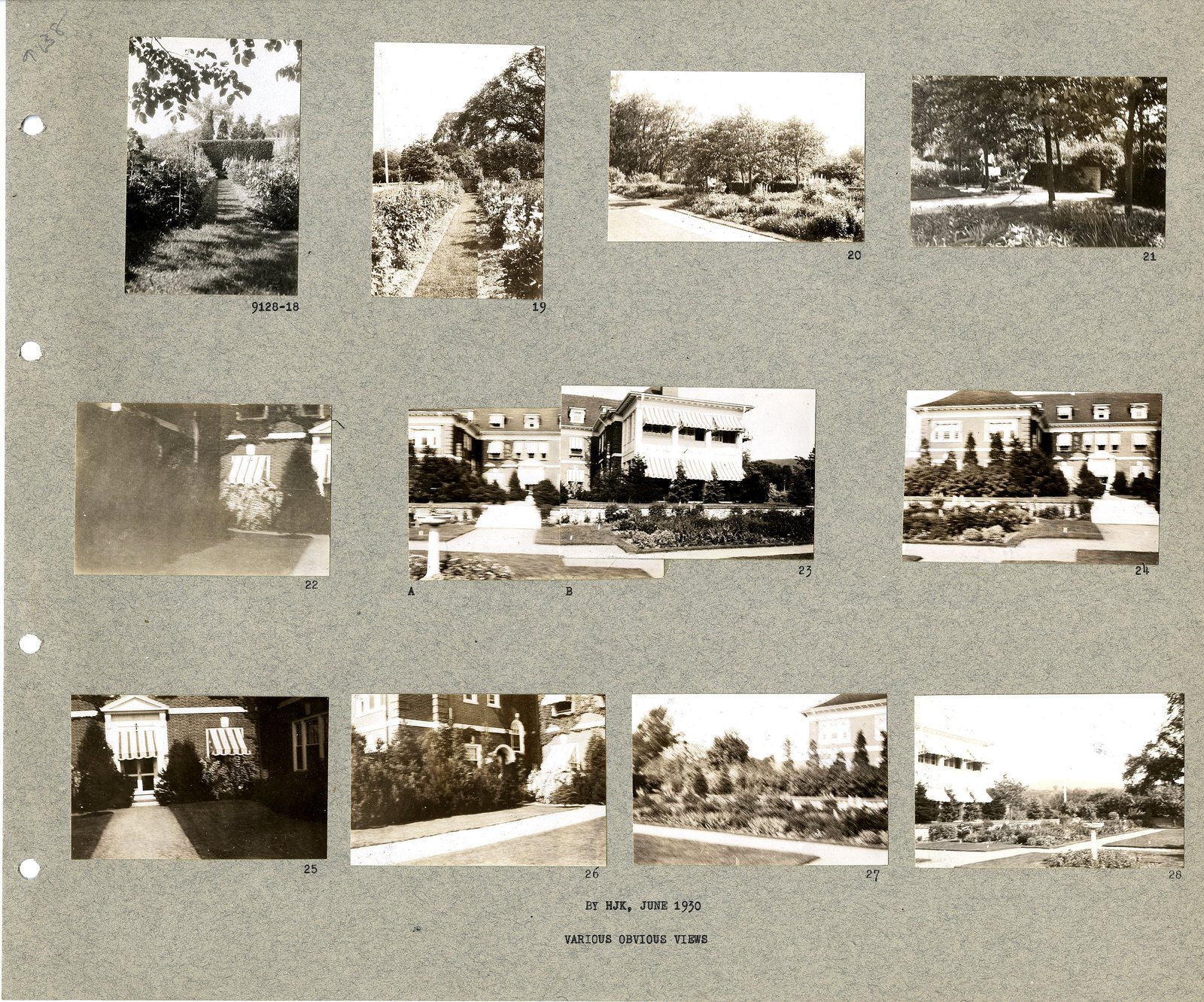 Album page 4, prints 18 to 28. The typed caption: “BY HJK, JUNE 1930 — VARIOUS OBVIOUS VIEWS.”