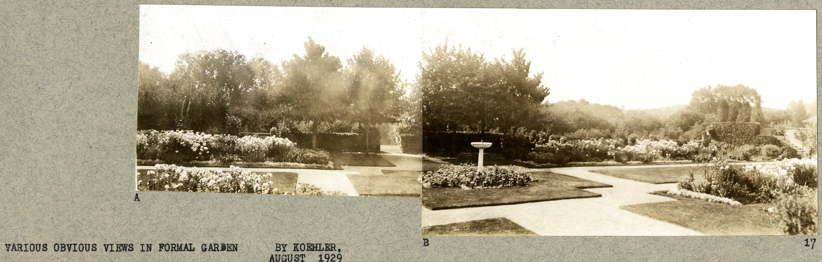A two-part panorama, mounted A and B, of the far end of the garden with its sundial. Print 17.