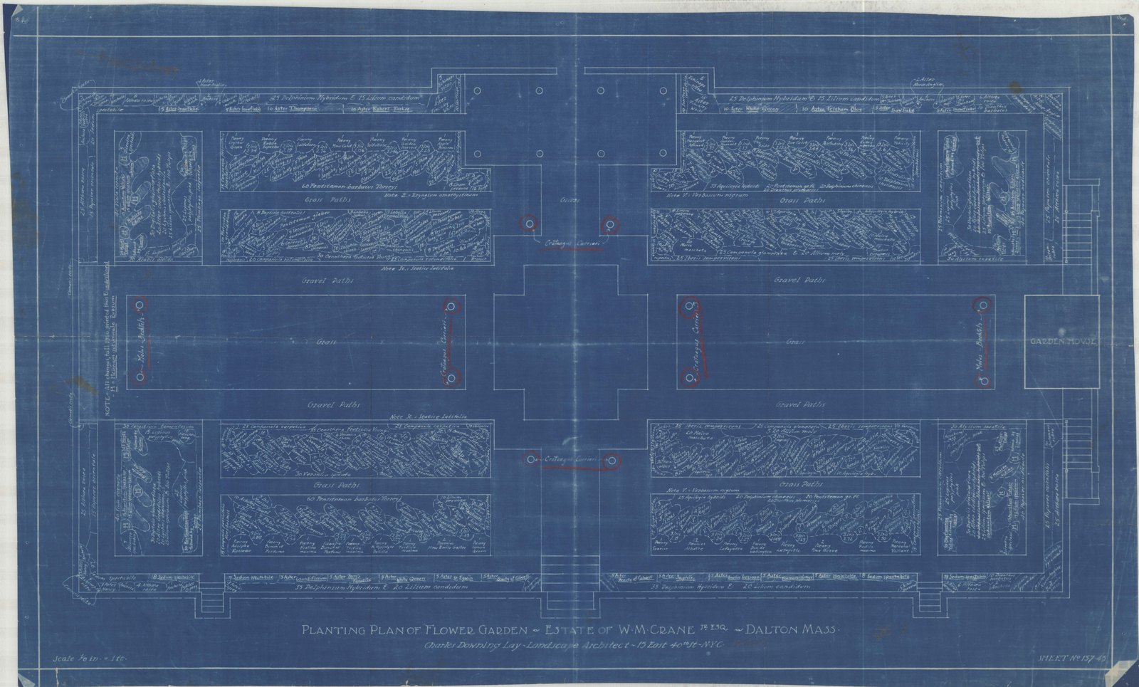 Plan 1, 1917. “Estate of Mr. W. N. Crane Jr. Esq. Dalton, Mass. Planting Plan of Flower Garden. Scale 1/8” = 1’.” Inventory note: “Notes in graphite. Charles Downing Lay L.A. 15 East 40th St. NYC Sheet157-45.” The initial in the title block is the archive’s.