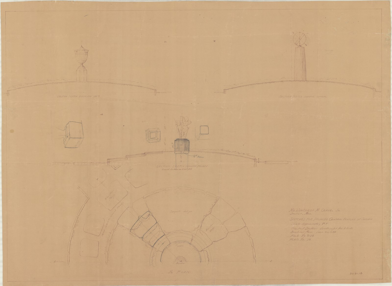 Plan 10, sheet 1, 20 June 1930. “Sketches For Proposed Central Feature of Garden.” Inventory note: “Redesign for base of feature in graphite. three sketches, on print of 9128-12.”