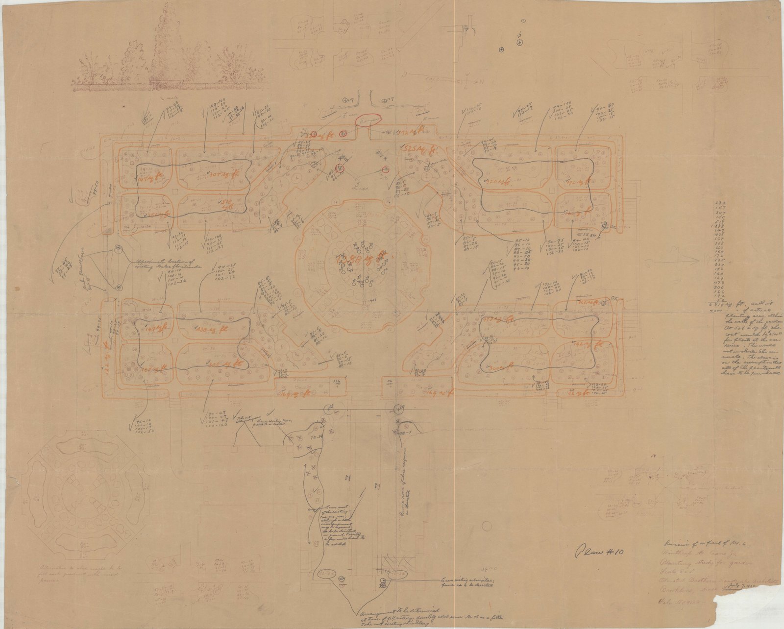 Plan 10, sheet 2, 7 July 1930. “Planting Study For Garden. Revision of a Part of No. 6. Scale 1” = 8’.” Inventory note: “Extensive notes in graphite & color, planting numbers and notes on square footage. Issued from OB. 25-Aug-1930.”