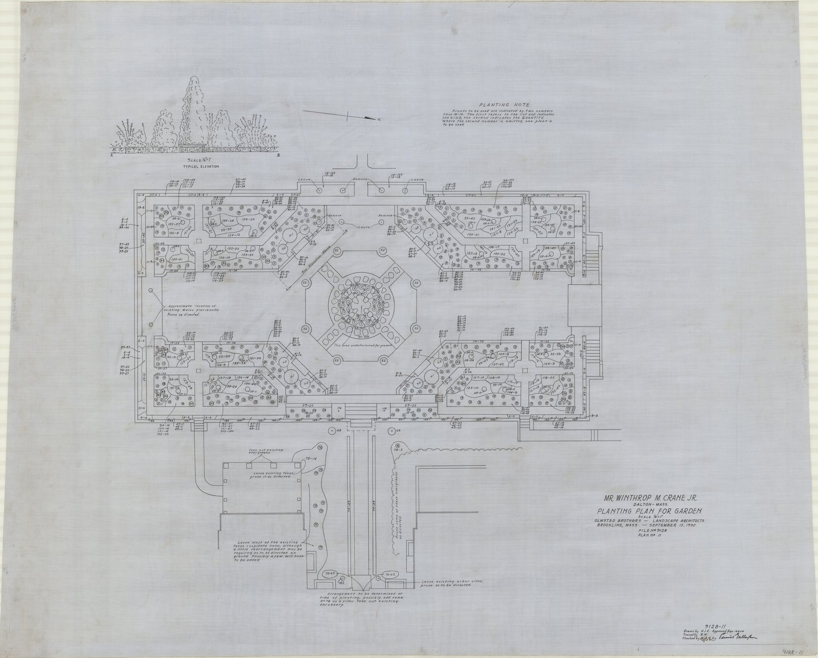 Plan 11, 15 September 1930. “Planting Plan For Garden. Scale 1/8” = 1’.” Inventory note: “Planting numbers & notes. Typical Elevation, Scale 1/4” = 1’.”