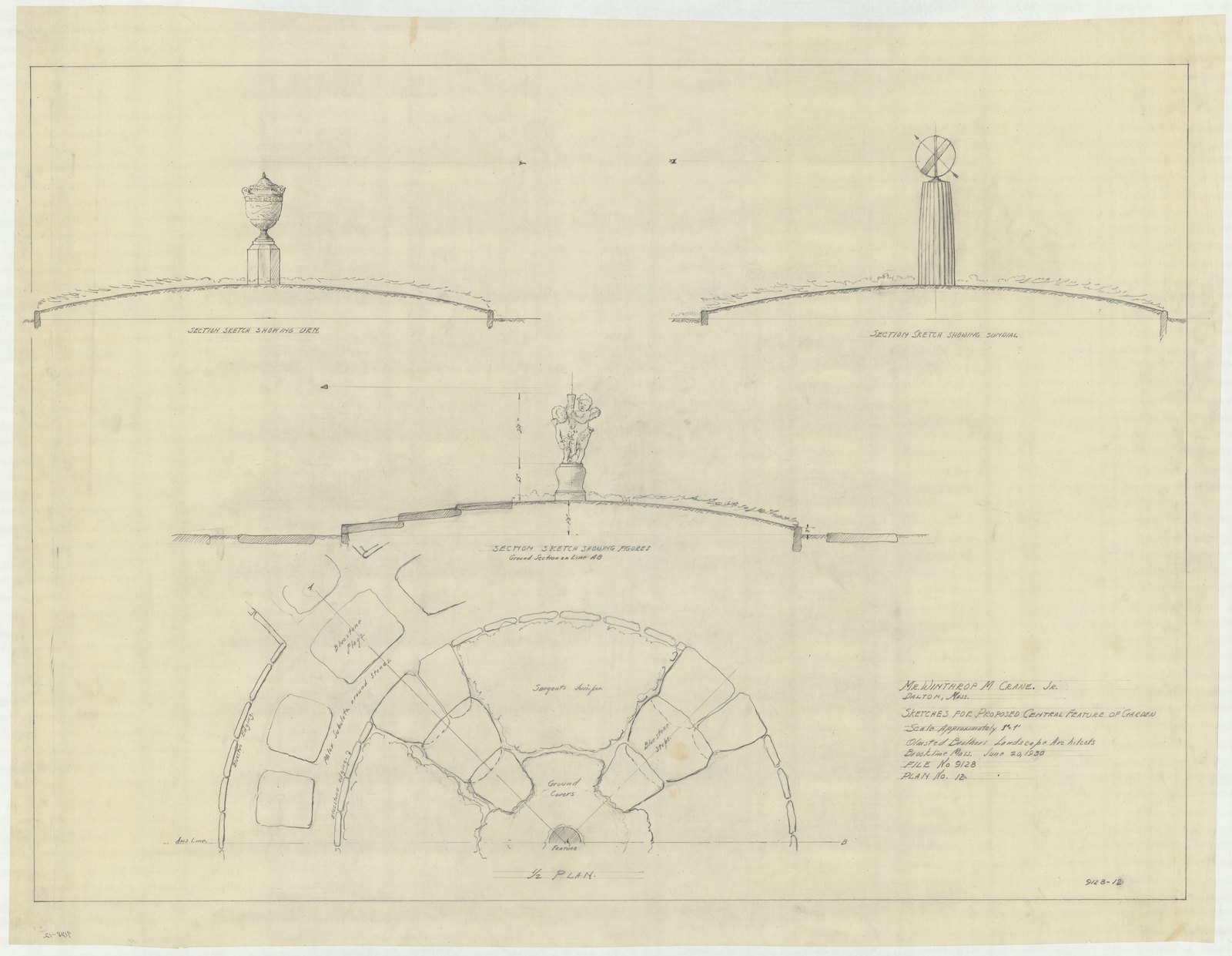 Plan 12, 20 June 1930. “Sketch For Proposed Central Features of Garden. Scale 1” = 1’.” Inventory note: “Urn, Sundial & Figures. with 1/2 plan of feature.”