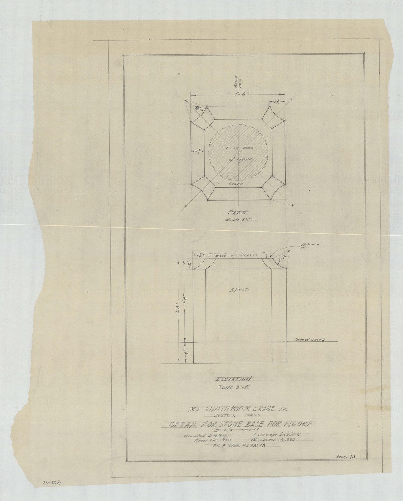 Plan 13, 19 December 1930. “Detail For Stone Base For Figure. Scale 3” = 1’.” Inventory note: “Plan & elevation with dimensions for lead figure.”