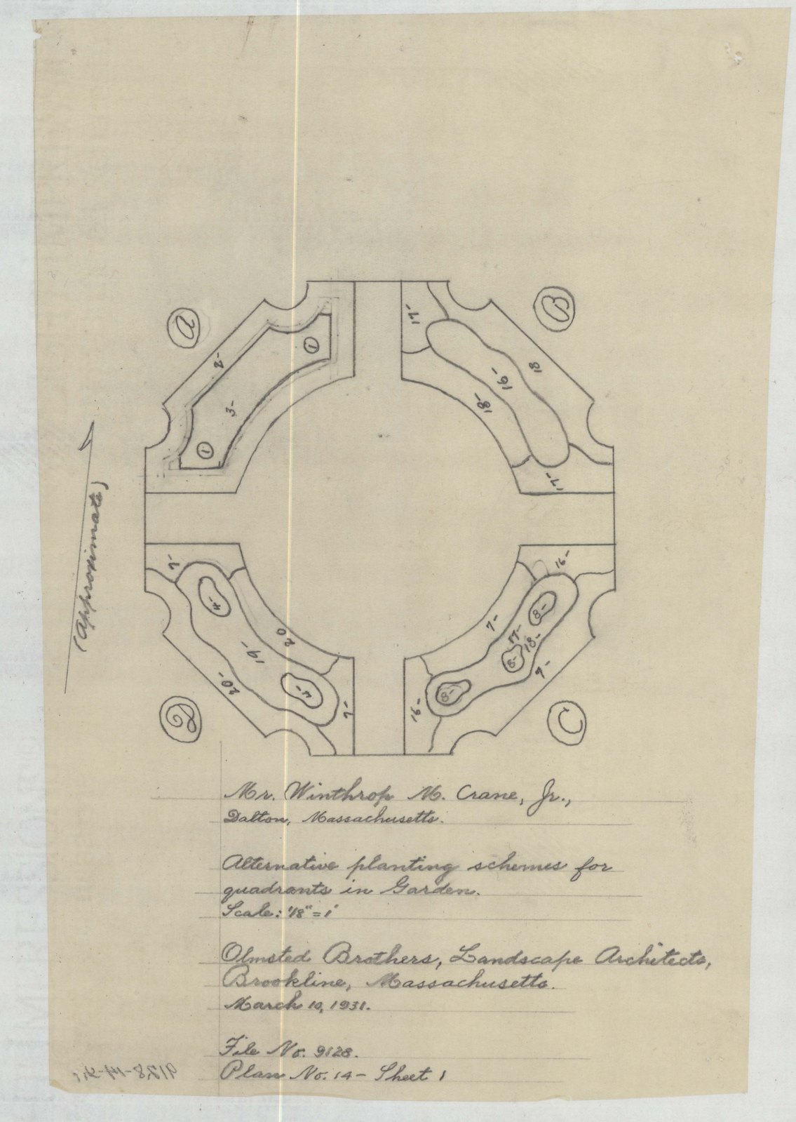 Plan 14, sheet 1, 10 March 1931. “Alternative Planting Schemes for Quadrants in Garden.” Inventory note: “Quadrants, A, B, C, & D. & numbers.”