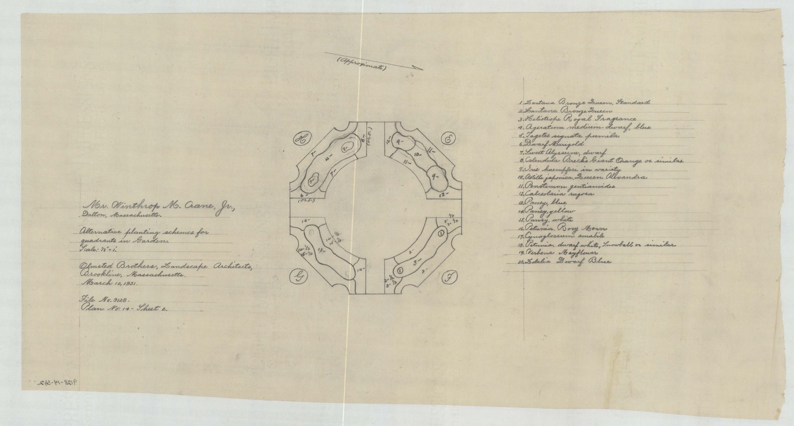 Plan 14, sheet 2, 10 March 1931. Inventory note: “Planting Lists, 1-20. for Quadrants E, F, G, & H.”