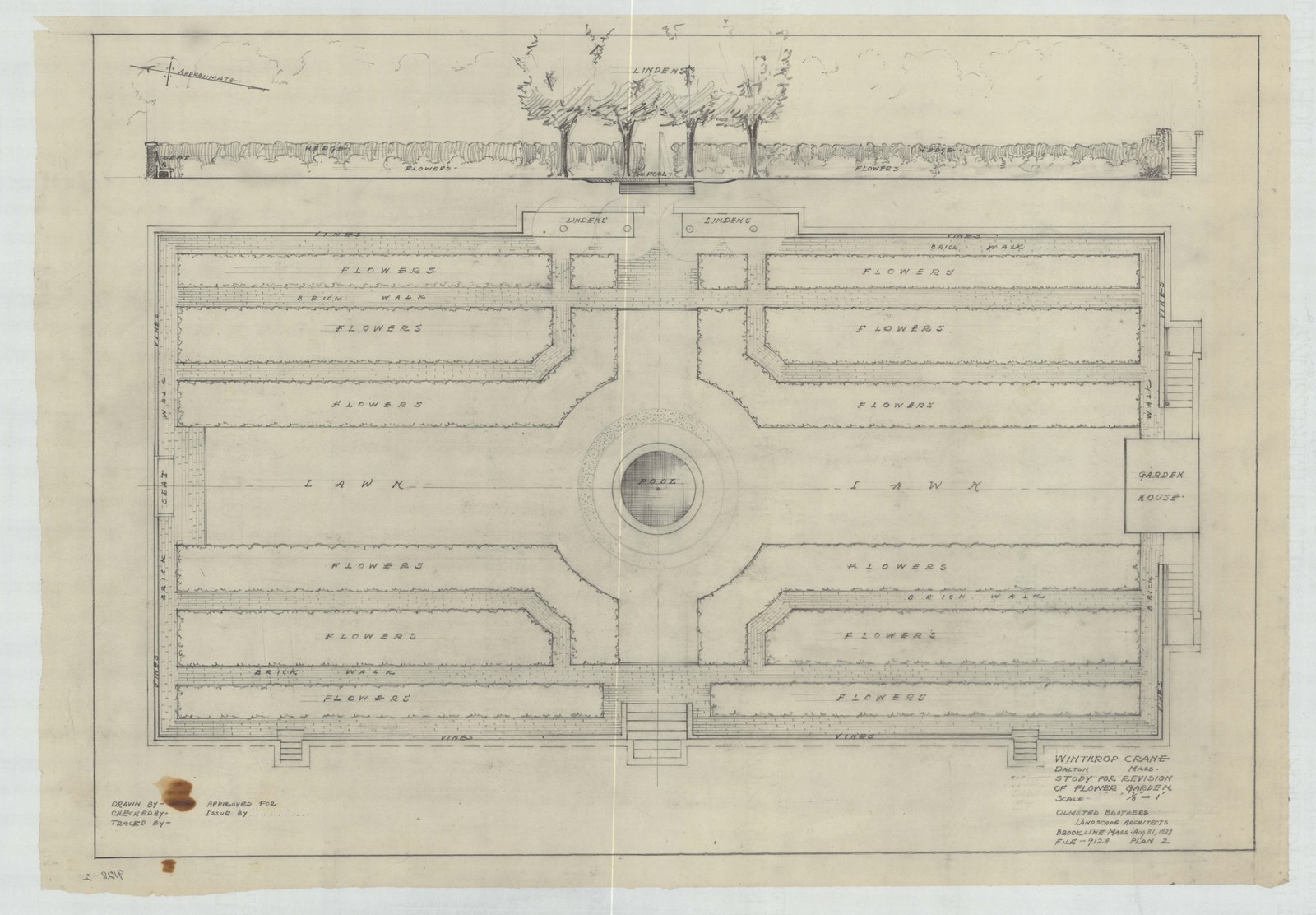 Plan 2, 31 August 1929. “Winthrop Crane, Dalton, Mass. Study For Revision of Flower Garden. Scale 1/8” = 1’.” Inventory note: “Plan & Elevation.”