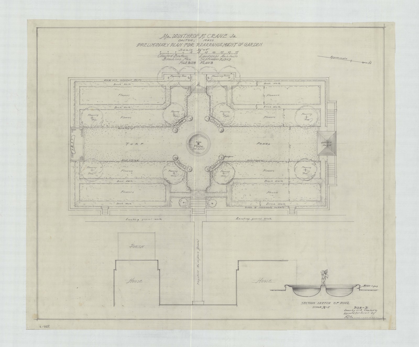 Plan 3, 7 September 1929. “Preliminary Plan For Rearrangement of Garden.” Inventory note: “Section Sketch of Pool. Scale 3/8” = 1’.”