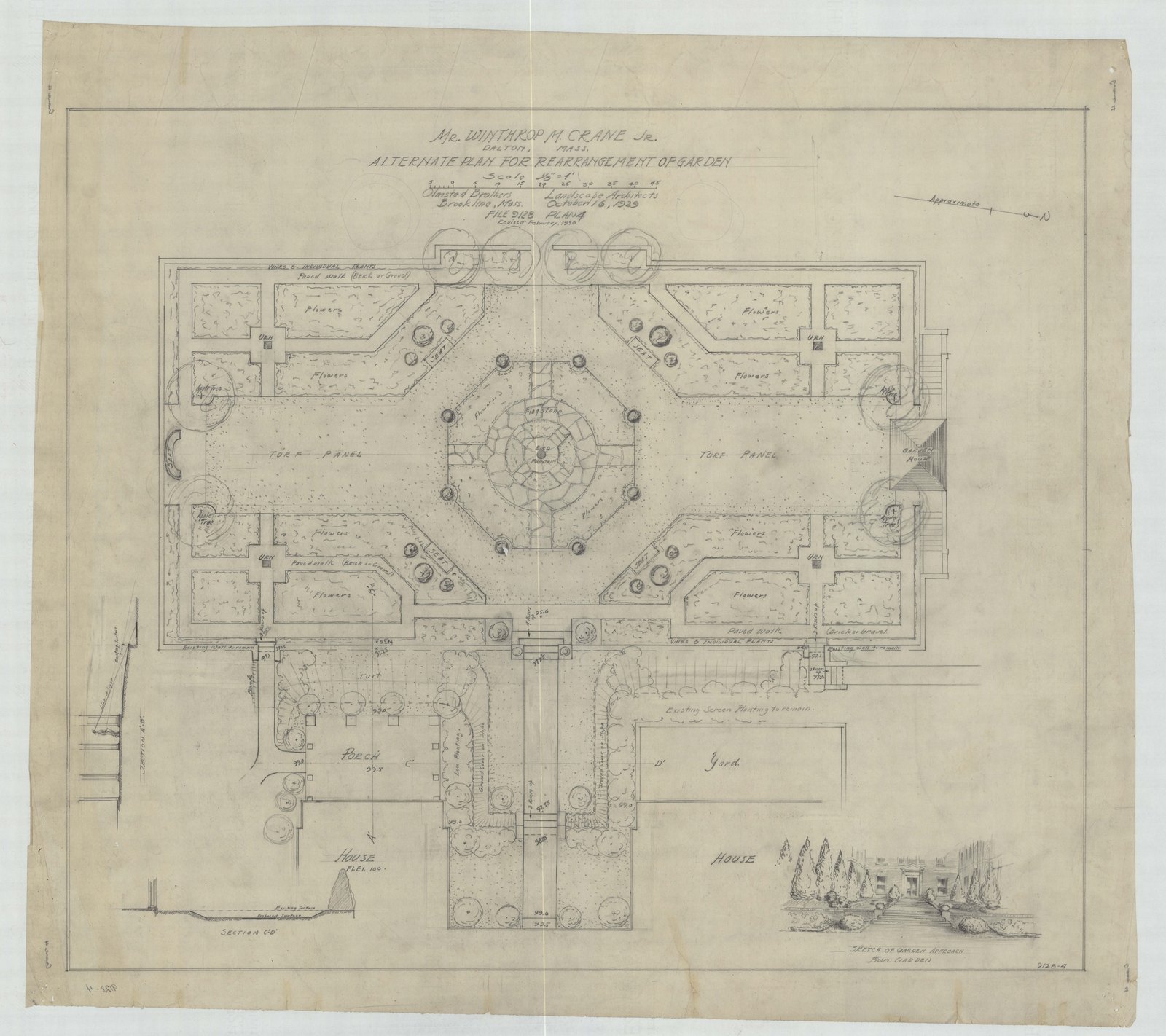 Plan 4, 16 October 1929, revised February 1930. “Alternative Plan For Rearrangement of Garden.” Inventory note: “Sections A-B & C-D. Perspective view.”