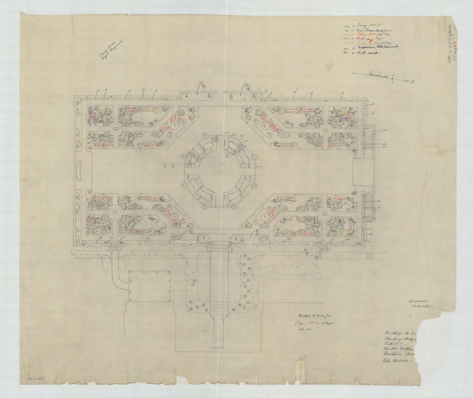 Plan 6, sheet 1, February 1930. “Winthrop M. Crane Jr. Planting Study. Scale 1” = 8’.” Inventory note: “Color coded planting list. Some planting numbers.”