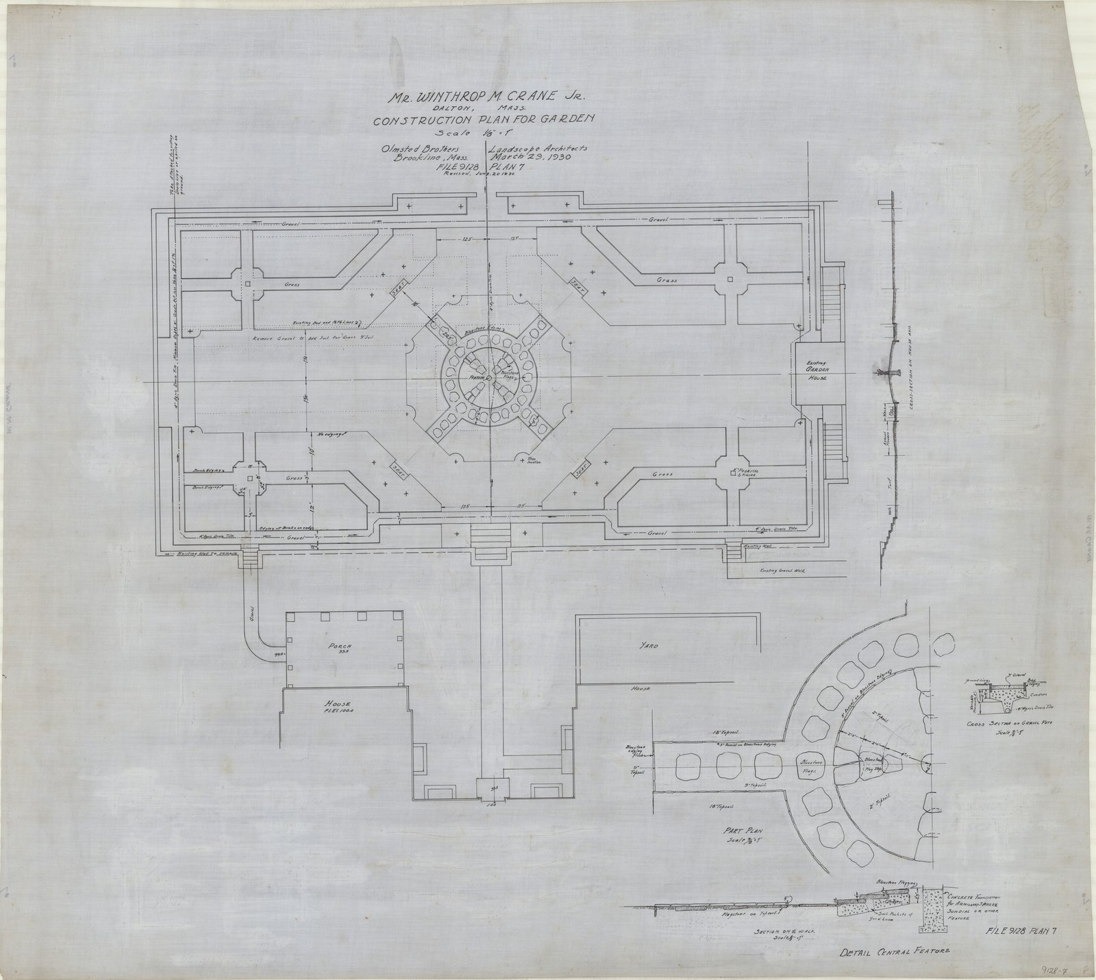 Plan 7, 29 March 1930, revised 20 June 1930. “Construction Plans For Garden.” Inventory note: “Plan, Cross Section on House Axis. Detail Central Feature, Part Plan & Section on CL of Walk, Cross Section on Gravel Path.”