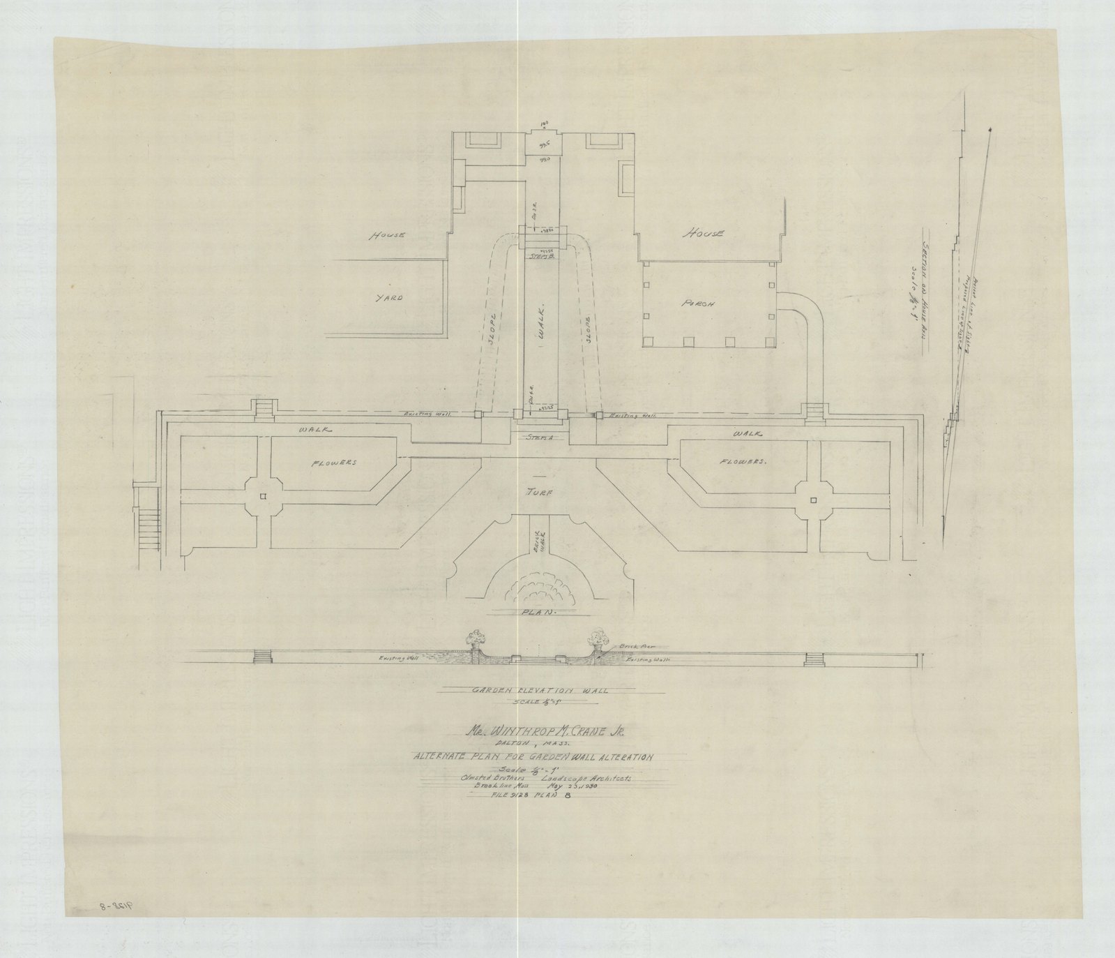 Plan 8, 23 May 1930. “Alternative Plan For Garden Wall Alteration.” Inventory note: “Plan, Garden Elevation Wall. Section on House Axis. showing changes to existing wall.”