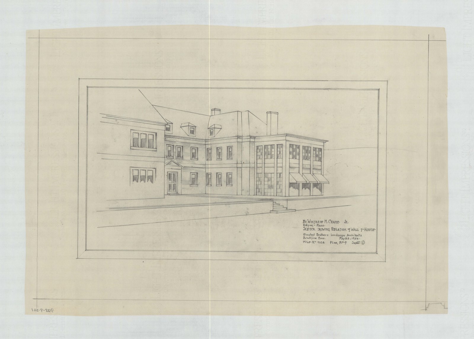 Plan 9, sheet 1, 22 May 1930. “Sketch Showing Relation of Wall to House. Scale Perspective.” Inventory note: “Wall with coping & steps.”