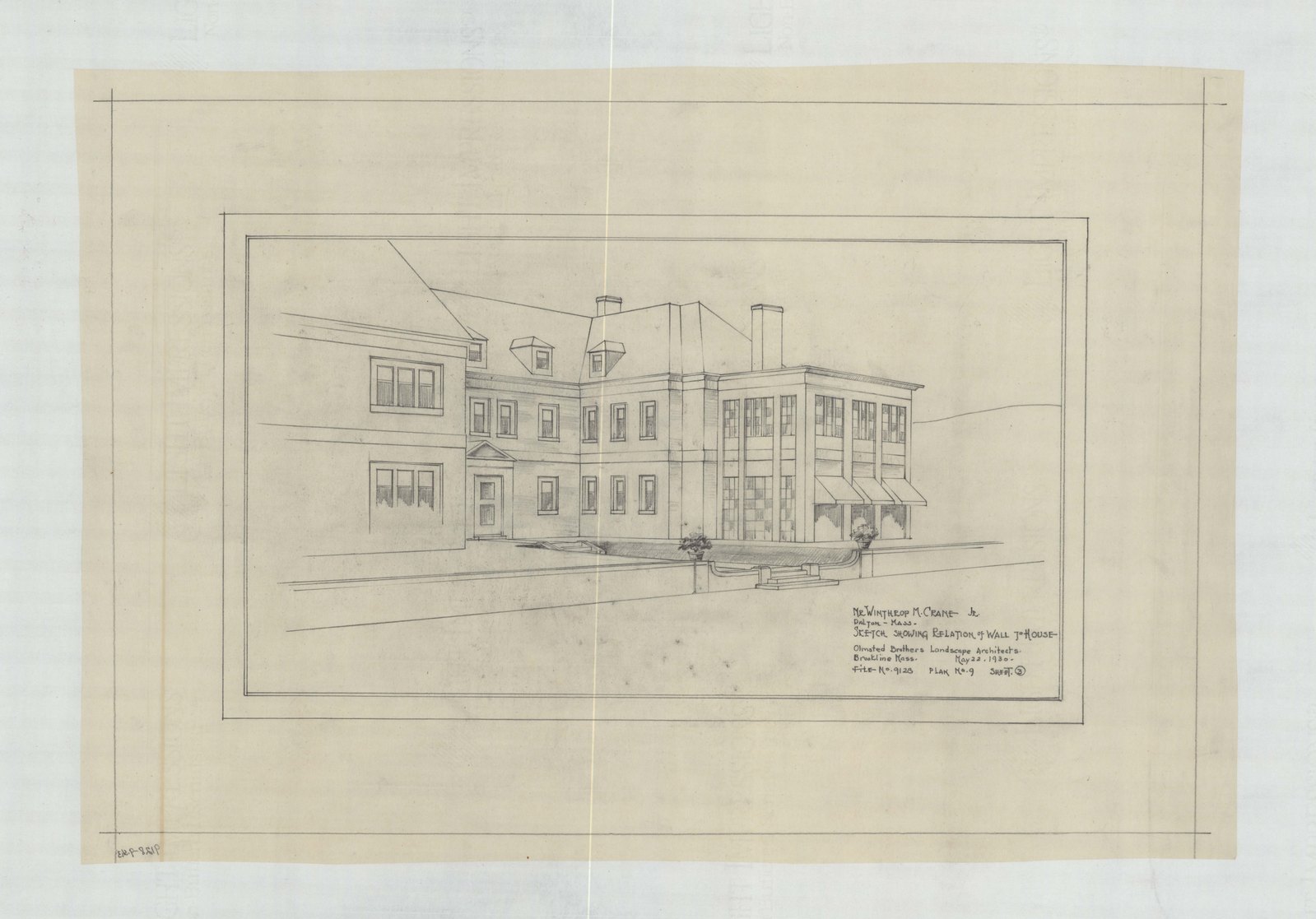 Plan 9, sheet 3, 22 May 1930. The same subject again. Inventory note: “Wall with urns & steps.”