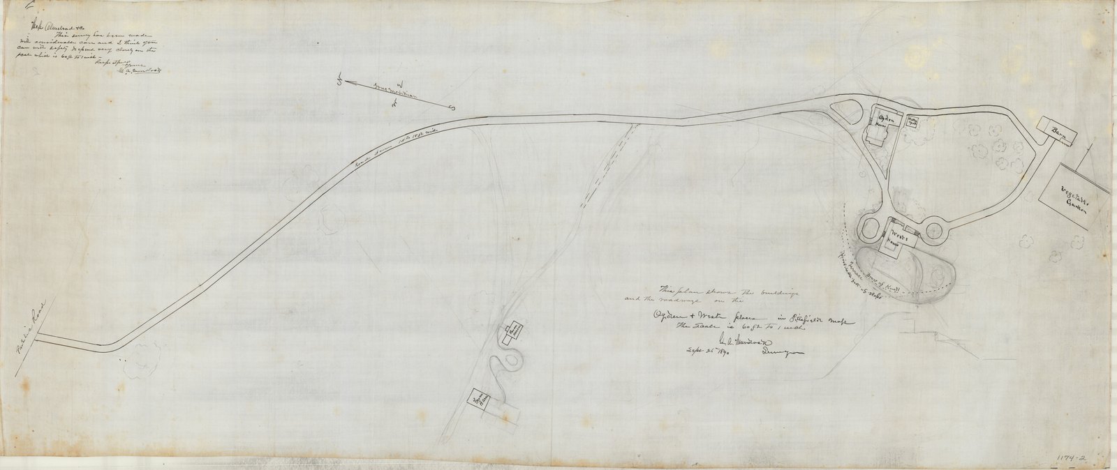 Job 01174, plan 2, 25 September 1890. “Ogdon and West Places in Pittsfield, Mass. The Scale is 60’ to 1 Inch.” The surveyor’s covering note is transcribed into the inventory and quoted in full below.