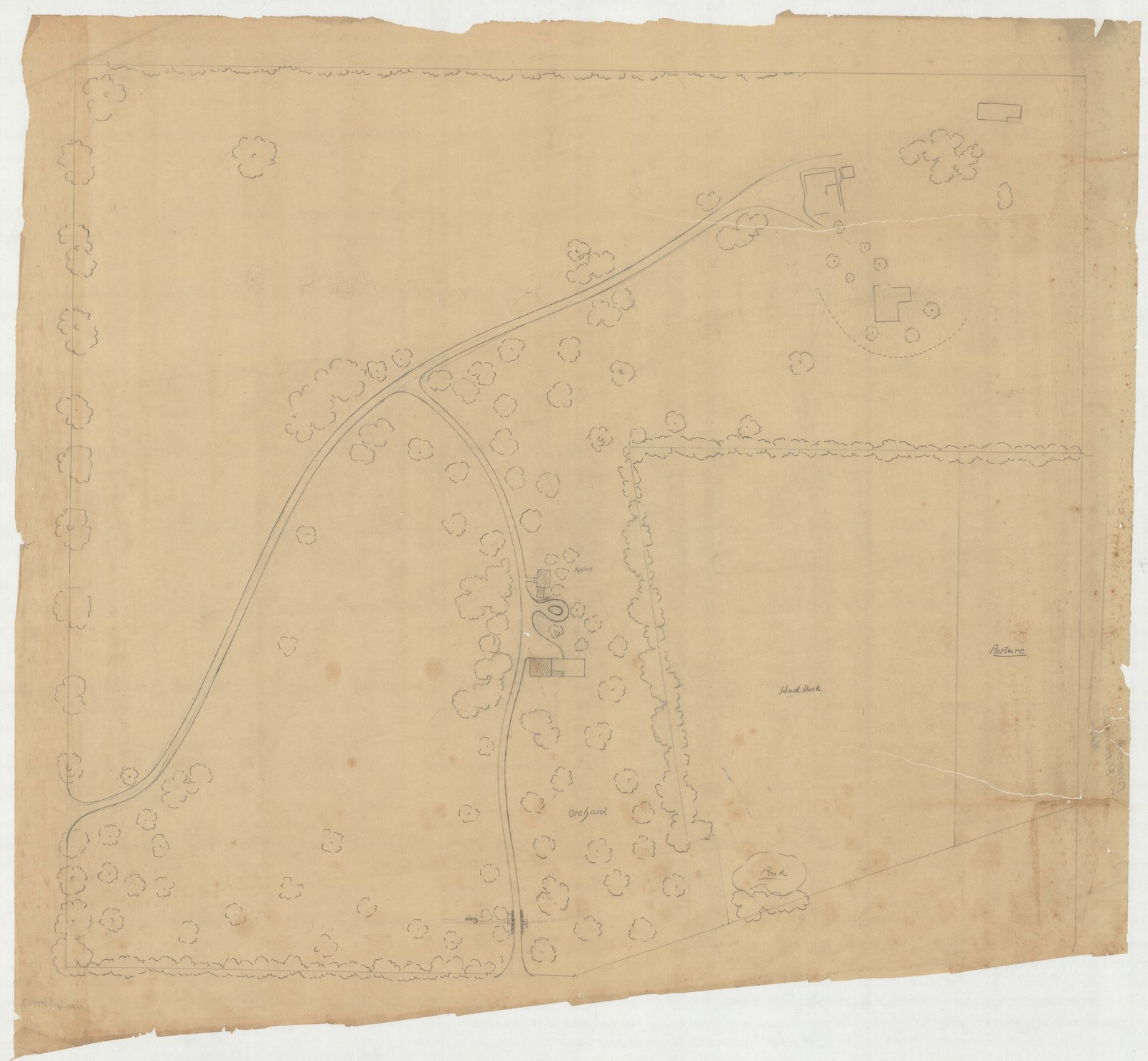 Job 01174, plan 4, no date. Inventory note: “Roads, Farm House and Barn, Main Houses, Orchard, Hard Hack, Pond, and Pasture. Ditch and Poplars.”