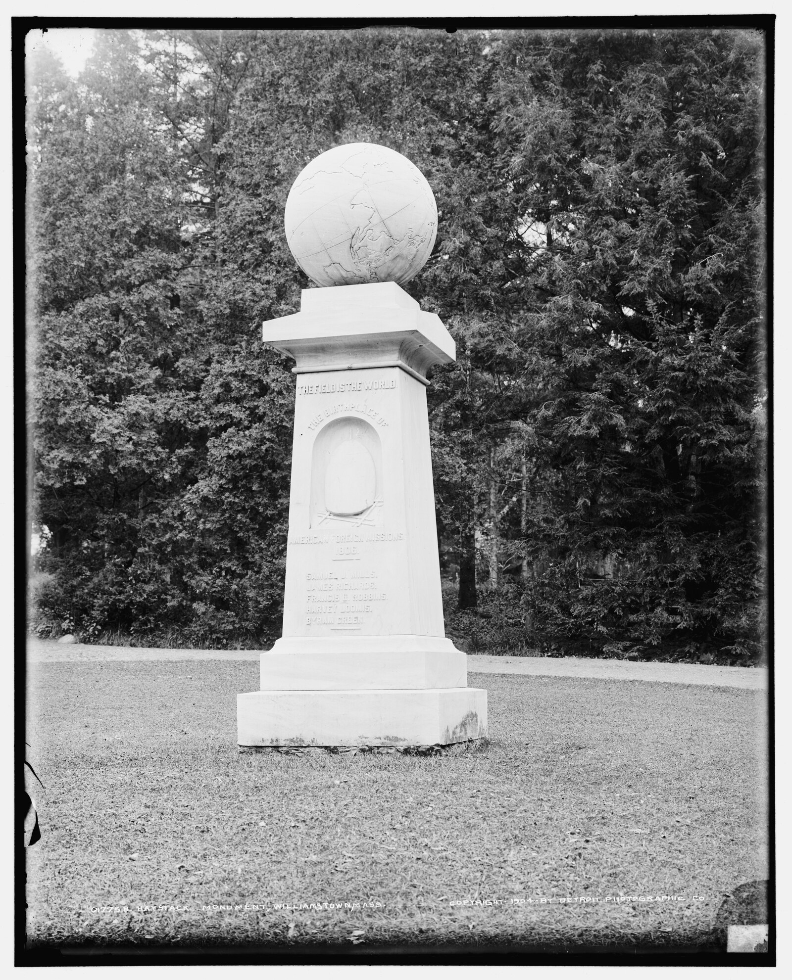 “Haystack Monument, Williamstown, Mass.” Detroit Publishing negative 017758, catalogued 1904 — a marble globe on a pedestal, in a college town that had been marking its own history for a century before the Olmsted office arrived.